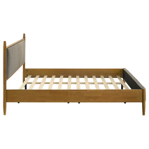 English Elm Light Brown Rubberwood Eastern King Platform Bed with Gray Upholstered Headboard Panel B062S02382