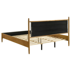 English Elm Light Brown Rubberwood Eastern King Platform Bed with Gray Upholstered Headboard Panel B062S02382