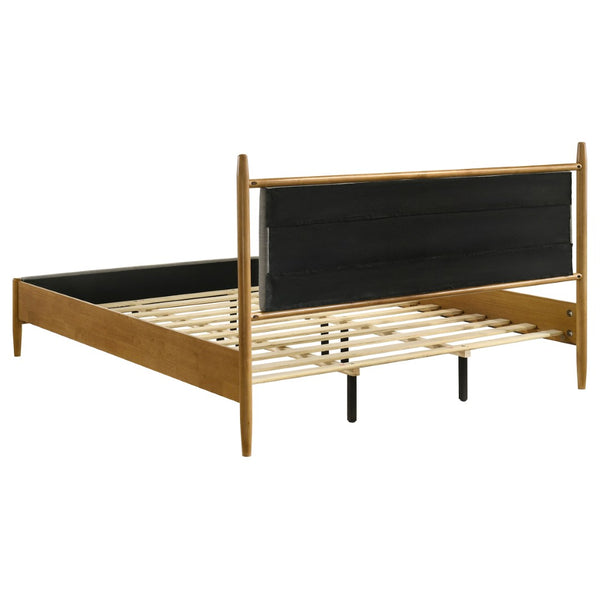 English Elm Light Brown Rubberwood Eastern King Platform Bed with Gray Upholstered Headboard Panel B062S02382