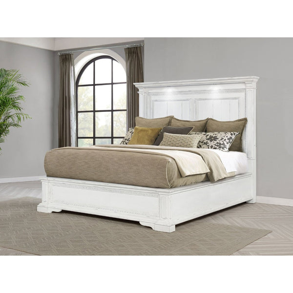 English Elm Vintage White Distressed Queen Panel Bed with Crown Molding and Built-in Led Lights B062S02384