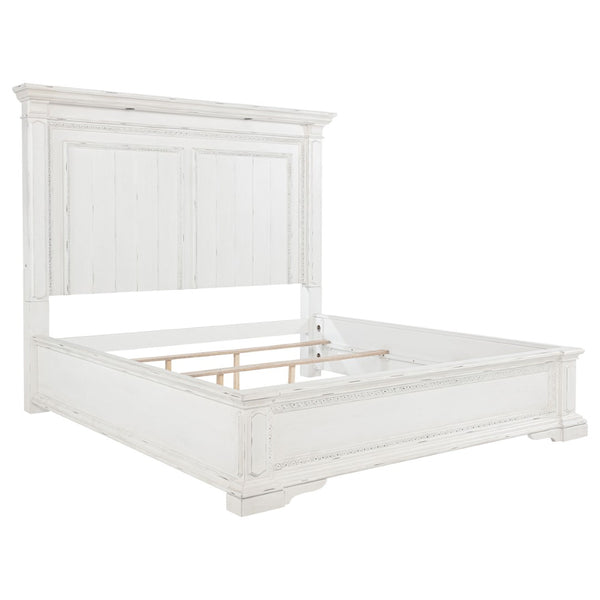 English Elm Vintage White Distressed Queen Panel Bed with Crown Molding and Built-in Led Lights B062S02384