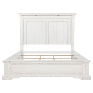 English Elm Vintage White Distressed Queen Panel Bed with Crown Molding and Built-in Led Lights B062S02384