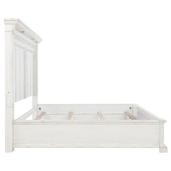 English Elm Vintage White Distressed Queen Panel Bed with Crown Molding and Built-in Led Lights B062S02384