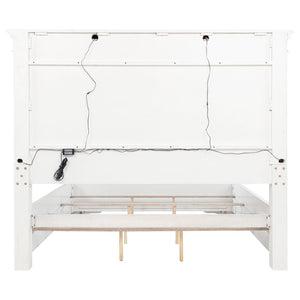 English Elm Vintage White Distressed Queen Panel Bed with Crown Molding and Built-in Led Lights B062S02384