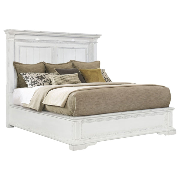 English Elm Vintage White Panel King Bed with Crown Molding Led Lights and Distressed Wood Frame B062S02385