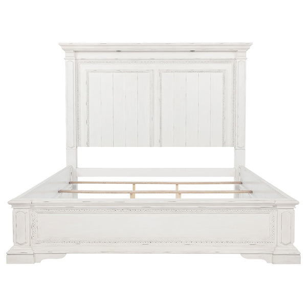 English Elm Vintage White Panel King Bed with Crown Molding Led Lights and Distressed Wood Frame B062S02385
