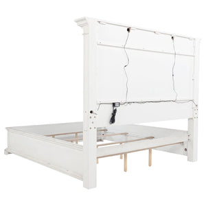 English Elm Vintage White Panel King Bed with Crown Molding Led Lights and Distressed Wood Frame B062S02385