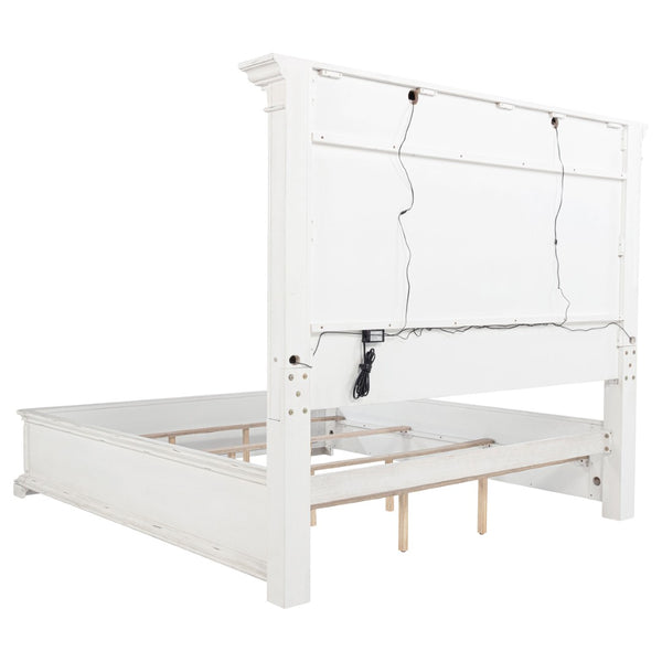 English Elm Vintage White Panel King Bed with Crown Molding Led Lights and Distressed Wood Frame B062S02385