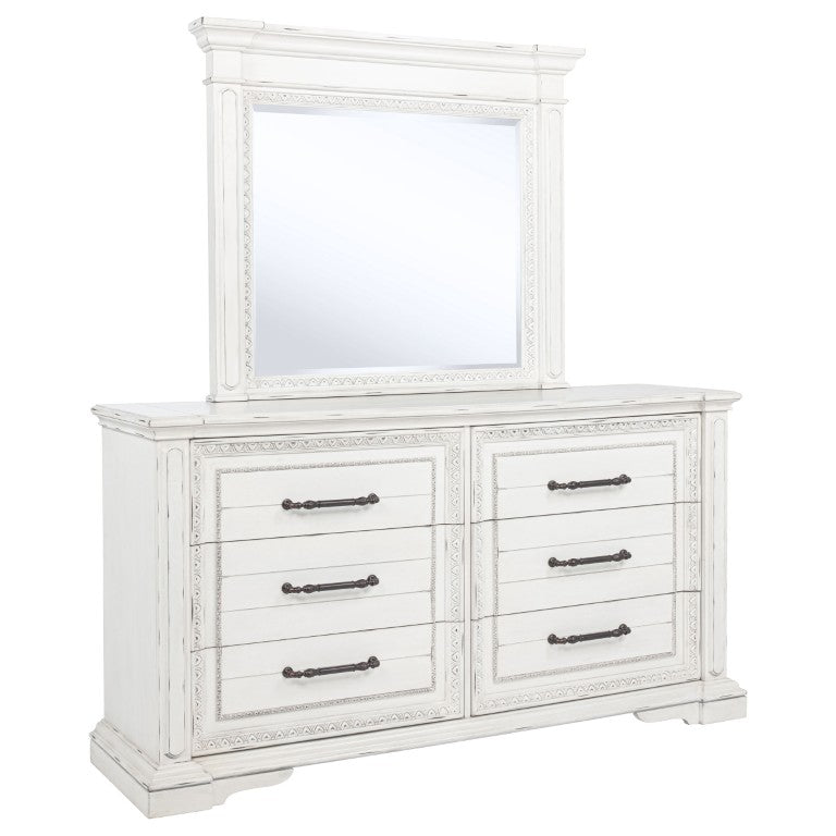 English Elm Vintage White Six Drawer Dresser with Mirror Crown Molding and Bronze Hardware B062S02386
