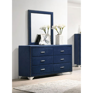English Elm Pacific Blue Velvet Six Drawer Dresser with Mirror Crystal Pulls Glam Bedroom B062S02392