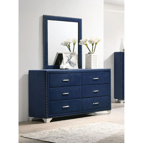 English Elm Pacific Blue Velvet Six Drawer Dresser with Mirror Crystal Pulls Glam Bedroom B062S02392