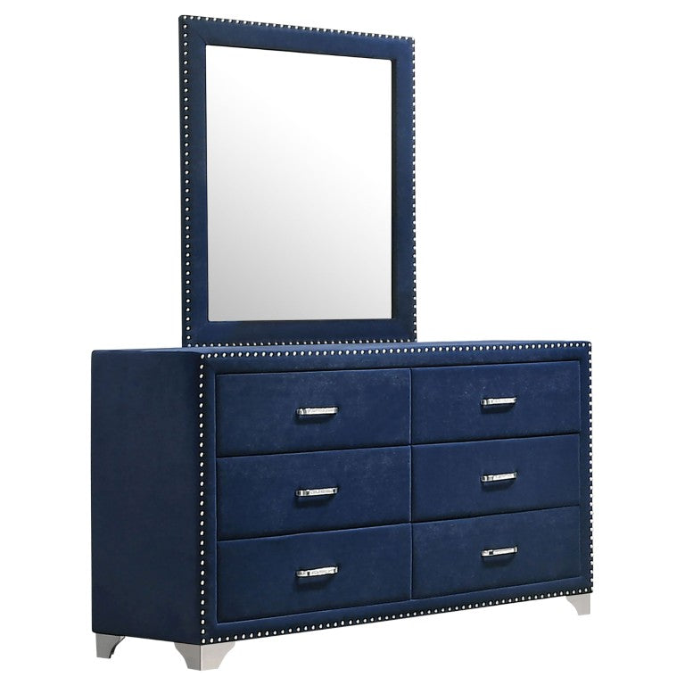 English Elm Pacific Blue Velvet Six Drawer Dresser with Mirror Crystal Pulls Glam Bedroom B062S02392