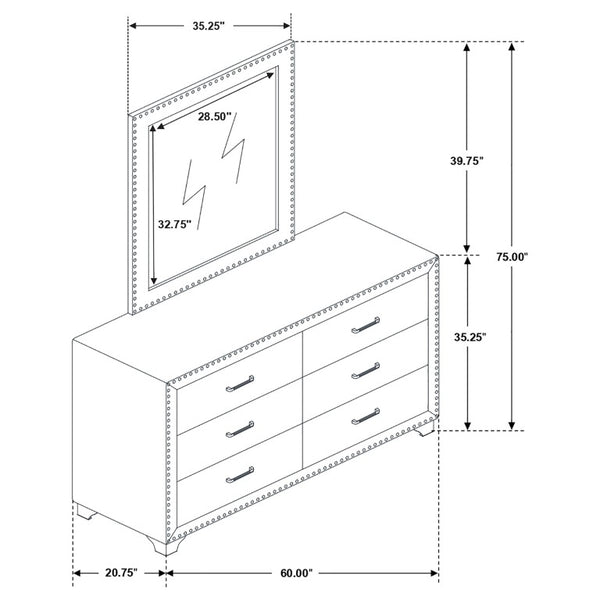 English Elm Pacific Blue Velvet Six Drawer Dresser with Mirror Crystal Pulls Glam Bedroom B062S02392