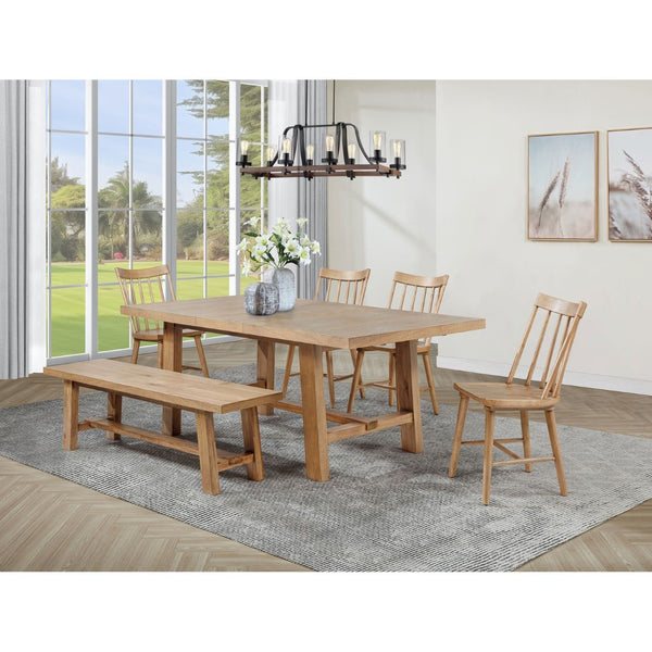 English Elm Natural Oak Veneer Extendable Dining Set with Spindle Chairs and Bench Seats Six B062S02396