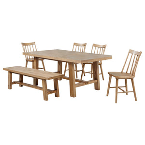 English Elm Natural Oak Veneer Extendable Dining Set with Spindle Chairs and Bench Seats Six B062S02396