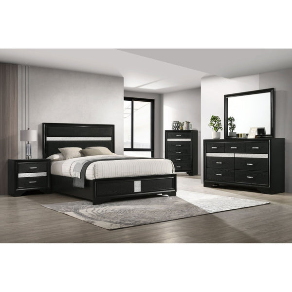 English Elm Black Glam Queen Bedroom Set with Crystal Pulls Glitter Headboard and Felt Jewelry Drawer B062S02398