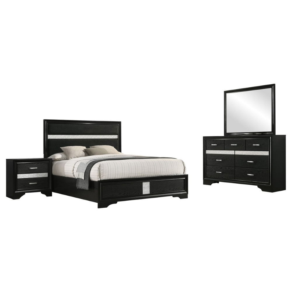 English Elm Black Glam Queen Bedroom Set with Crystal Pulls Glitter Headboard and Felt Jewelry Drawer B062S02398
