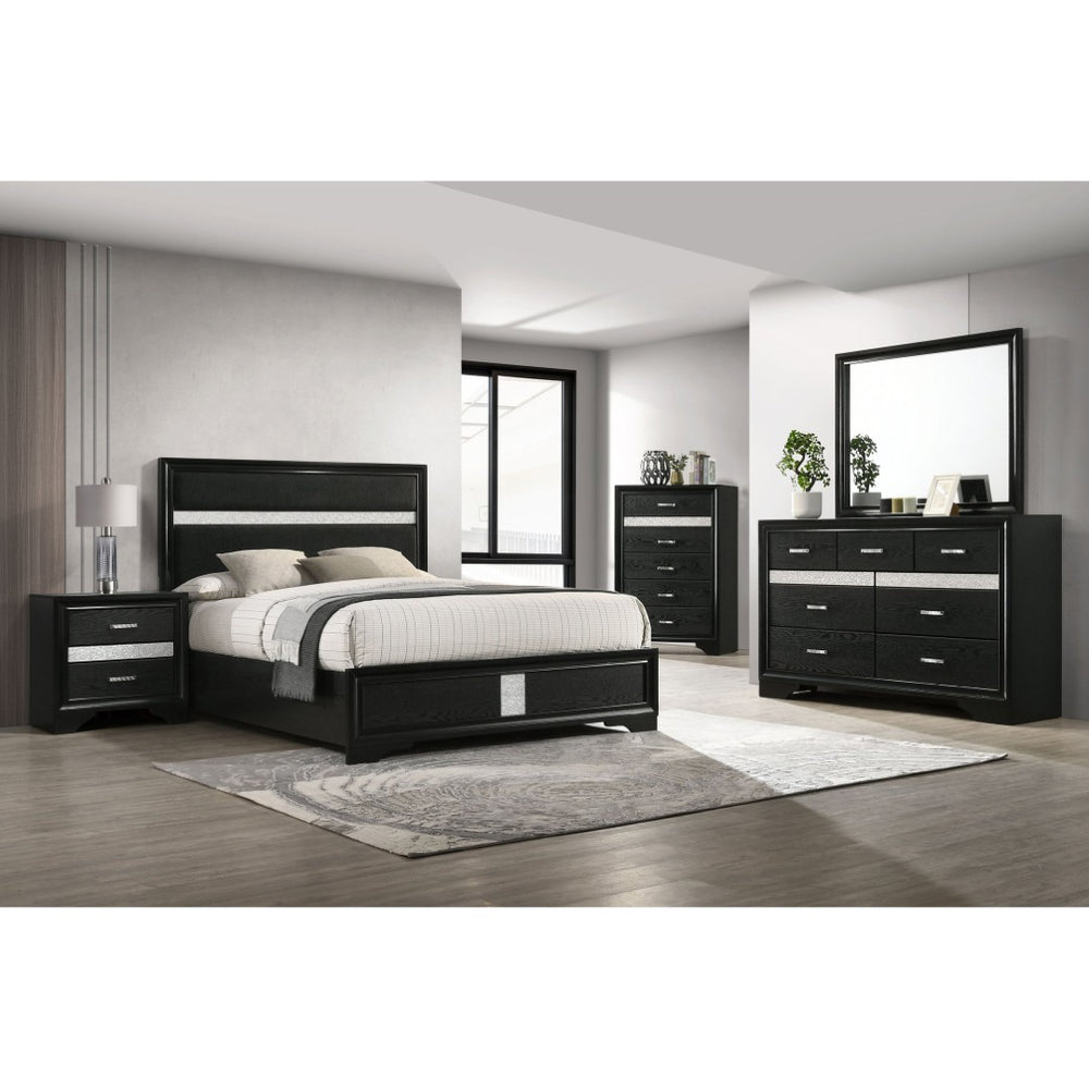 English Elm Black Glam Queen Bedroom Set with Crystal Pulls Upholstered Bed and Jewelry Drawers B062S02399