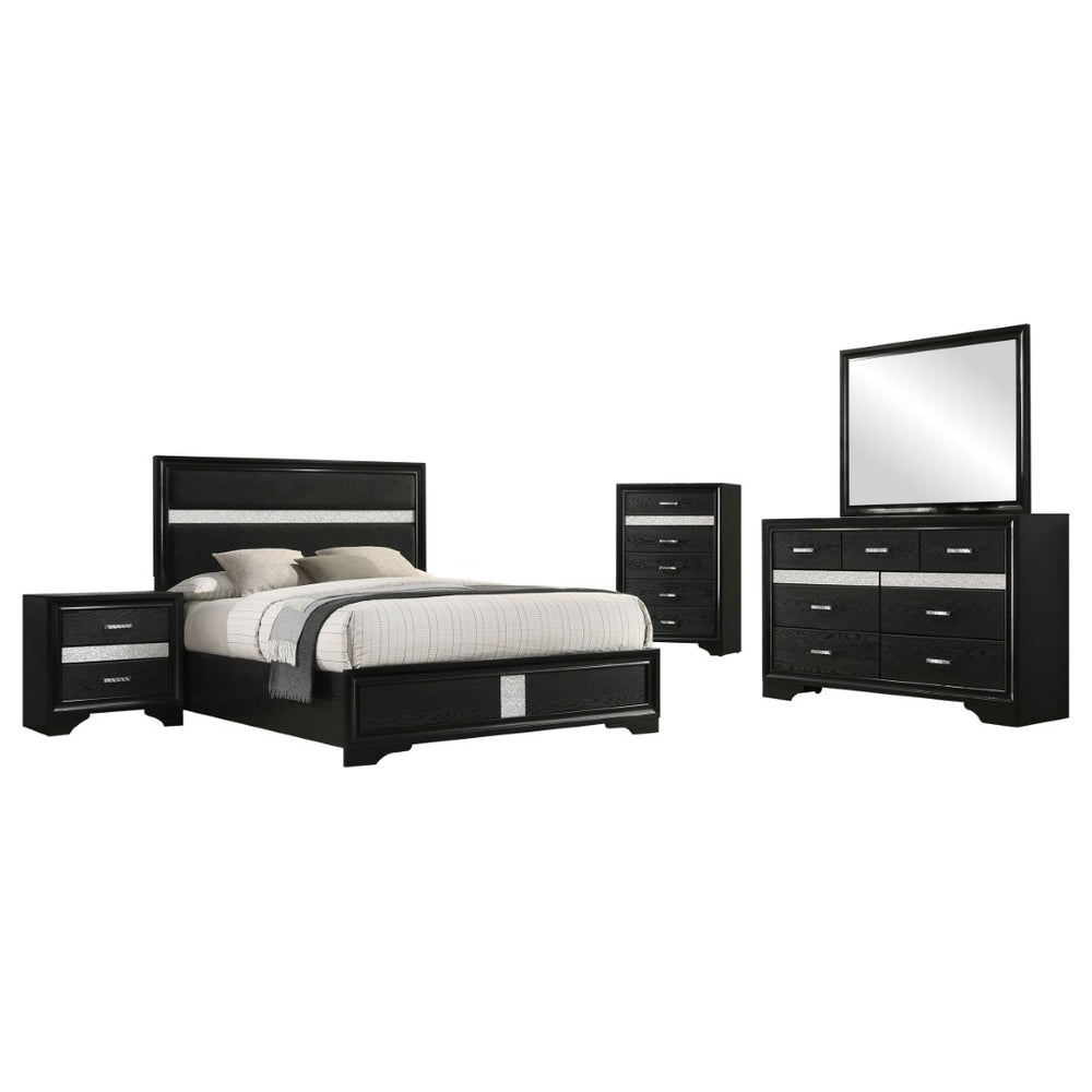 English Elm Black Glam Queen Bedroom Set with Crystal Pulls Upholstered Bed and Jewelry Drawers B062S02399