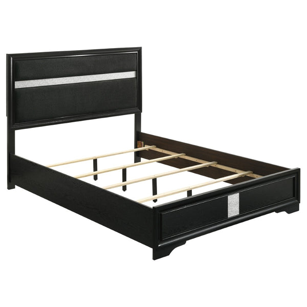English Elm Black Glam Queen Bedroom Set with Crystal Pulls Upholstered Bed and Jewelry Drawers B062S02399