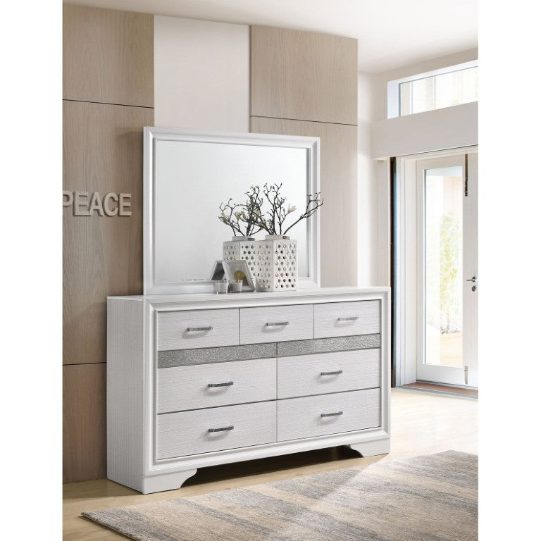 English Elm White Glam Seven Drawer Dresser with Beveled Mirror Crystal Pulls and Glitter Accent Panel B062S02400