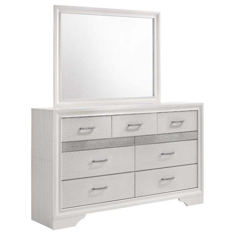 English Elm White Glam Seven Drawer Dresser with Beveled Mirror Crystal Pulls and Glitter Accent Panel B062S02400
