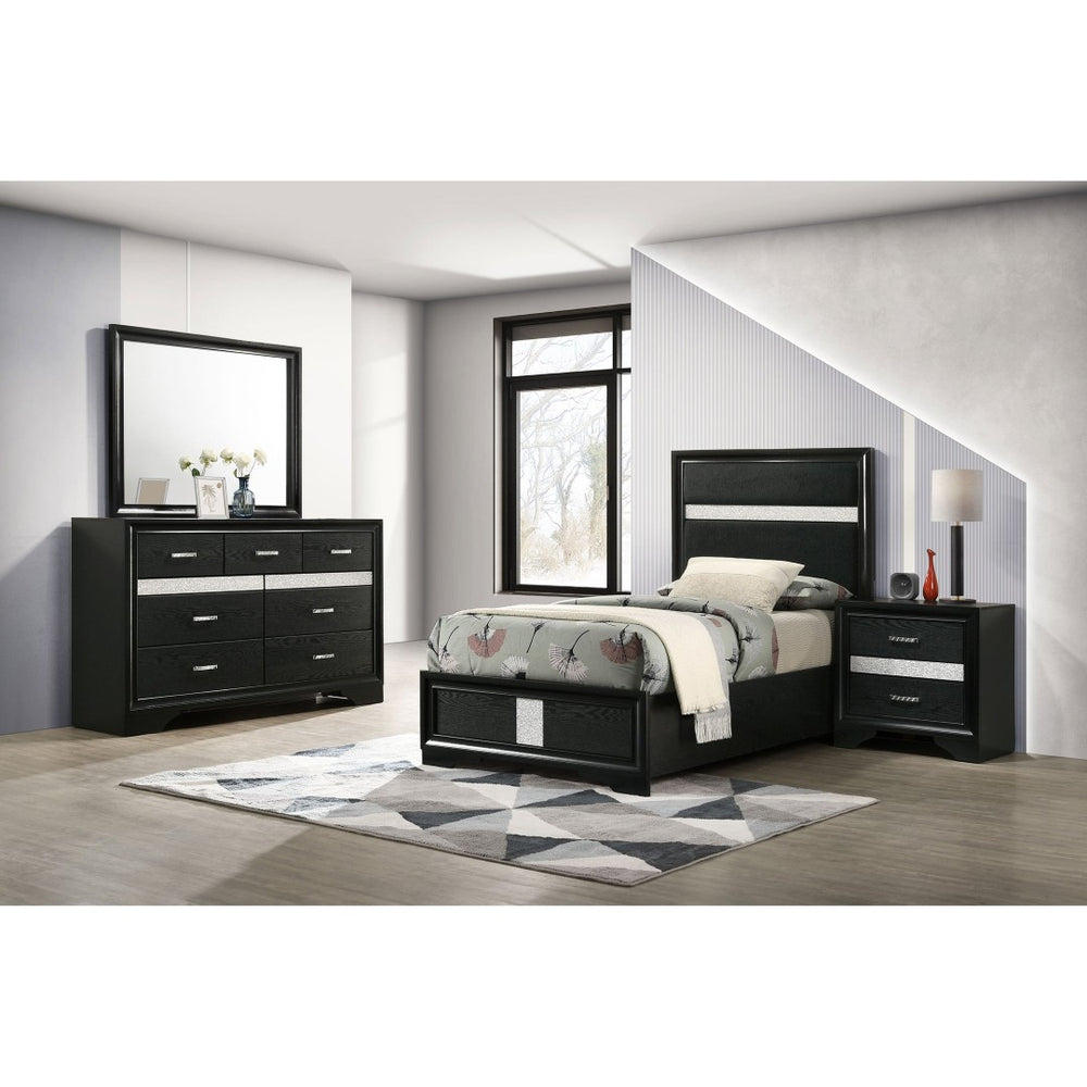 English Elm Black Glam Twin Bedroom Set with Crystal Hardware and Glitter Upholstered Headboard B062S02401