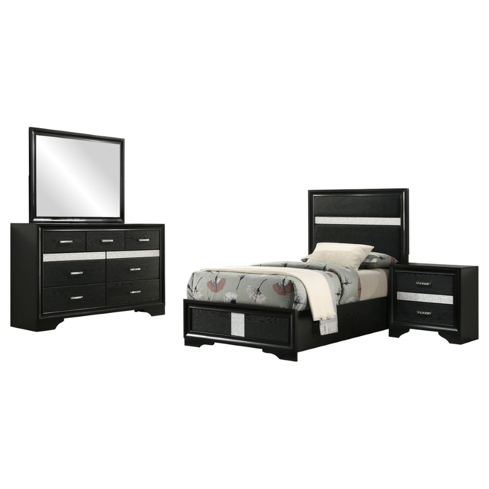 English Elm Black Glam Twin Bedroom Set with Crystal Hardware and Glitter Upholstered Headboard B062S02401