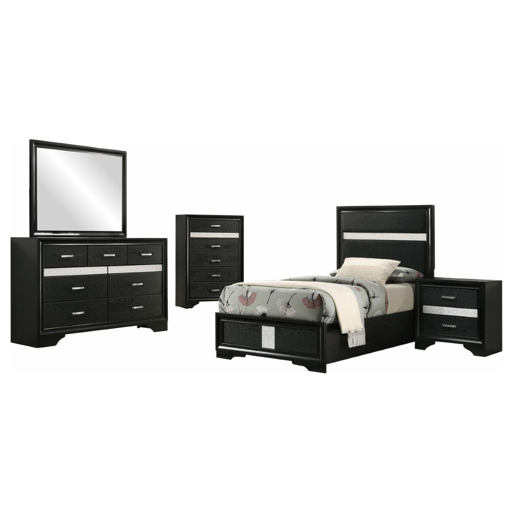 English Elm Black Glam Twin Bedroom Set with Glitter Headboard Crystal Pulls and High Gloss Finish B062S02402