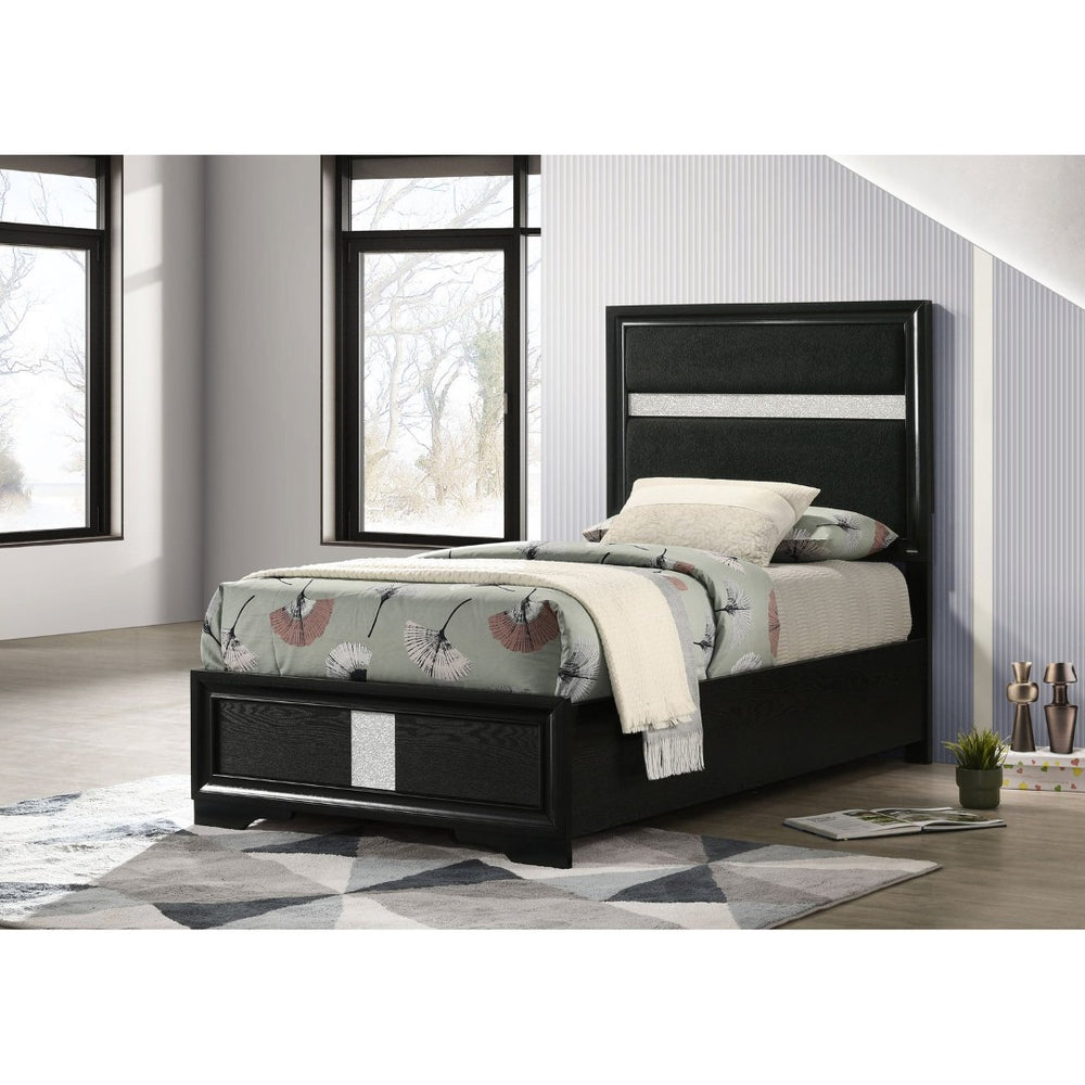 English Elm Black Upholstered Twin Bed Tall Headboard Glam Panel Frame for Modern Bedroom B062S02404
