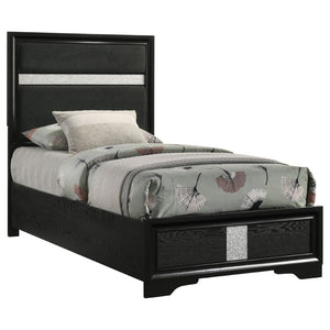 English Elm Black Upholstered Twin Bed Tall Headboard Glam Panel Frame for Modern Bedroom B062S02404