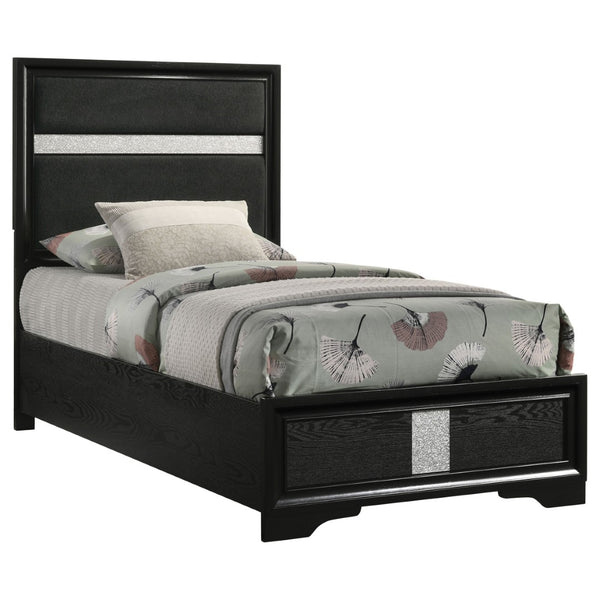 English Elm Black Upholstered Twin Bed Tall Headboard Glam Panel Frame for Modern Bedroom B062S02404