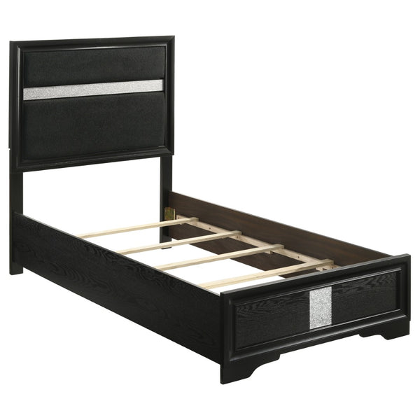 English Elm Black Upholstered Twin Bed Tall Headboard Glam Panel Frame for Modern Bedroom B062S02404