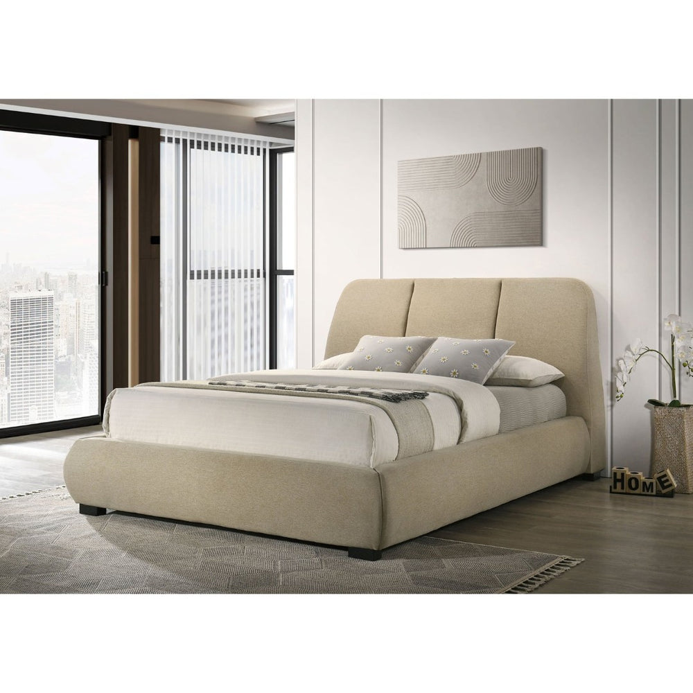 English Elm Brown Foam Padded Queen Platform Bed Sculpted Low Profile Frame Stitched Headboard B062S02407
