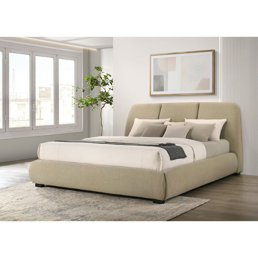 English Elm Brown Fabric Eastern King Platform Bed with Flared Stitched Headboard for Modern Bedrooms B062S02408
