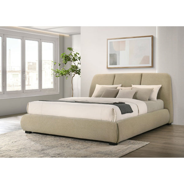 English Elm Brown Fabric Eastern King Platform Bed with Flared Stitched Headboard for Modern Bedrooms B062S02408