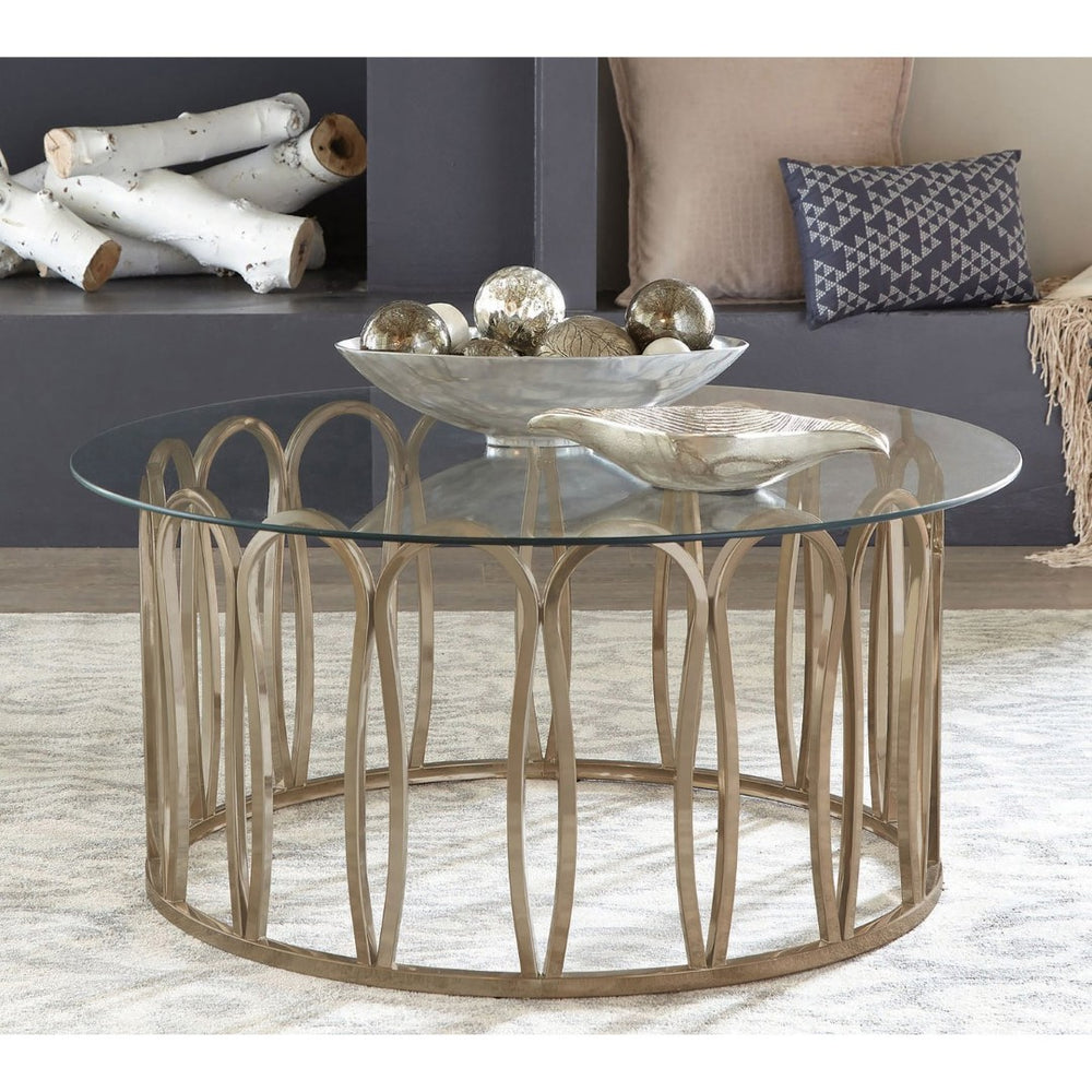 English Elm Chocolate Chrome Round Coffee Table Sculptural Tempered Glass Top for Modern Living B062S02409
