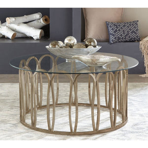 English Elm Chocolate Chrome Round Coffee Table Sculptural Tempered Glass Top for Modern Living B062S02409