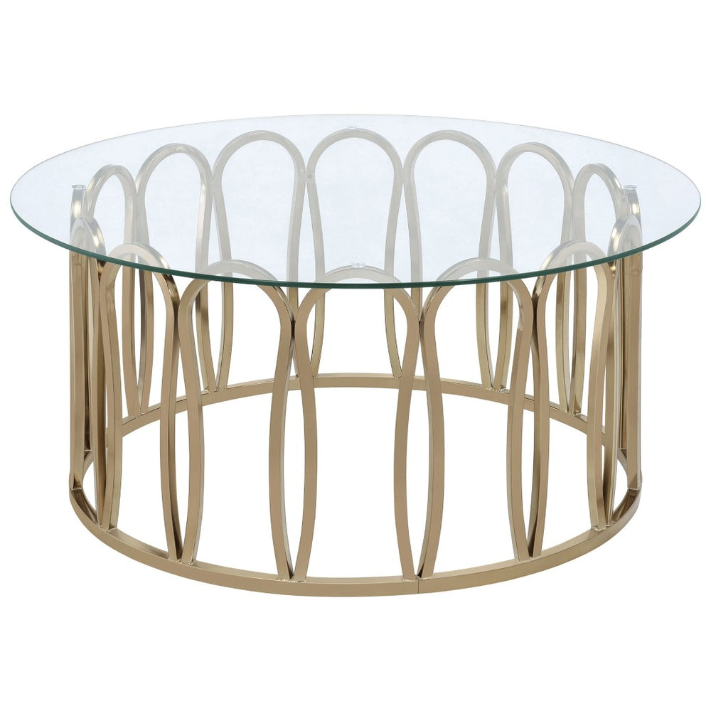 English Elm Chocolate Chrome Round Coffee Table Sculptural Tempered Glass Top for Modern Living B062S02409