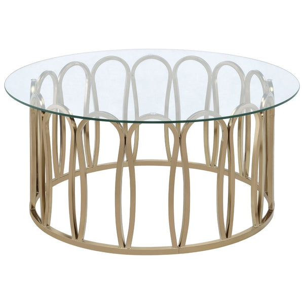 English Elm Chocolate Chrome Round Coffee Table Sculptural Tempered Glass Top for Modern Living B062S02409
