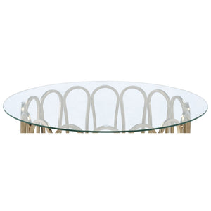 English Elm Chocolate Chrome Round Coffee Table Sculptural Tempered Glass Top for Modern Living B062S02409