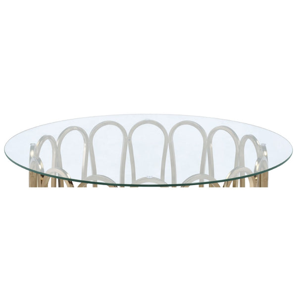English Elm Chocolate Chrome Round Coffee Table Sculptural Tempered Glass Top for Modern Living B062S02409