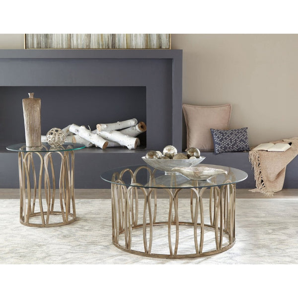 English Elm Chocolate Chrome Round Glass Two Piece Coffee and End Table Set for Modern Living B062S02410