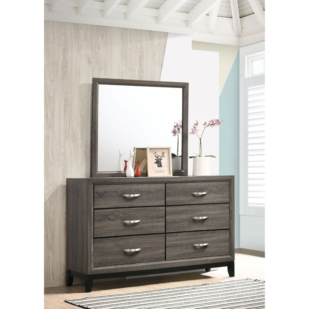 English Elm Cabrillo Six Drawer Dresser with Wall Mirror Grey Oak Finish for Modern Bedrooms B062S02414