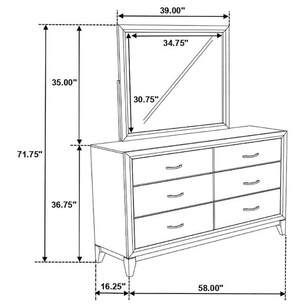 English Elm Cabrillo Six Drawer Dresser with Wall Mirror Grey Oak Finish for Modern Bedrooms B062S02414