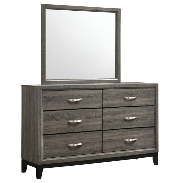English Elm Cabrillo Six Drawer Dresser with Wall Mirror Grey Oak Finish for Modern Bedrooms B062S02414