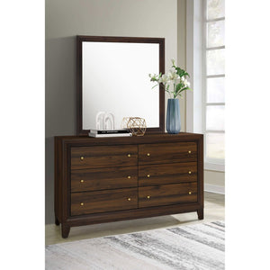 English Elm Anza Mid-Century Walnut Dresser with Mirror Gold Knobs and Tapered Legs Bedroom B062S02415