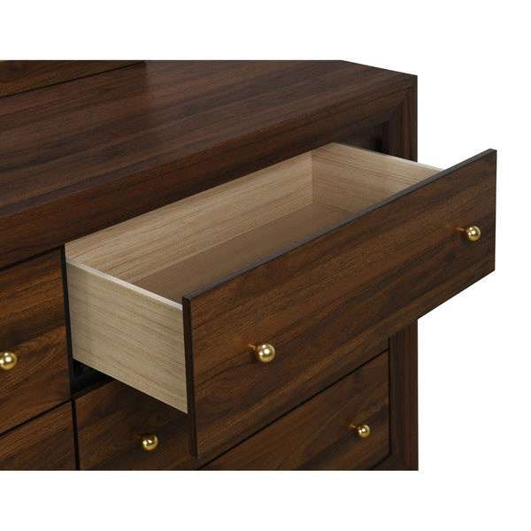 English Elm Anza Mid-Century Walnut Dresser with Mirror Gold Knobs and Tapered Legs Bedroom B062S02415