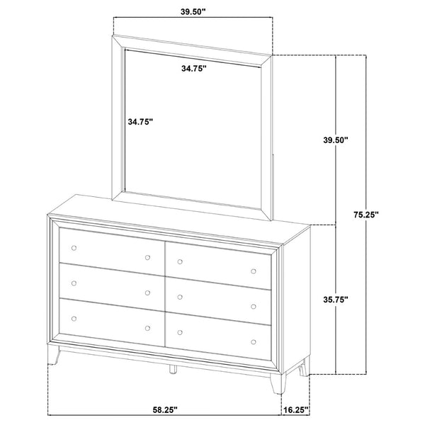 English Elm Anza Mid-Century Walnut Dresser with Mirror Gold Knobs and Tapered Legs Bedroom B062S02415