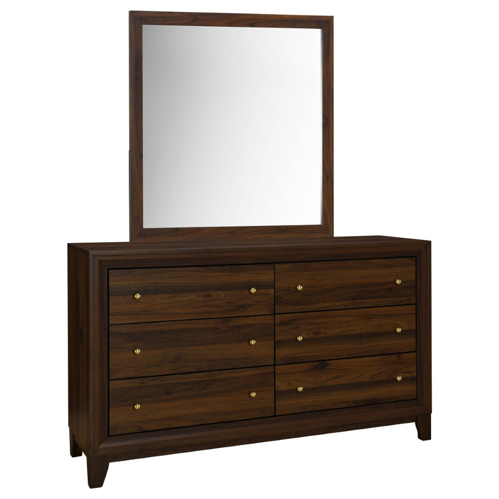 English Elm Anza Mid-Century Walnut Dresser with Mirror Gold Knobs and Tapered Legs Bedroom B062S02415